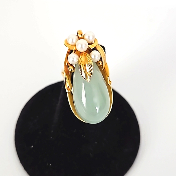Vintage 14k Ming's Jadeite/Pearl Ring - Picture 1 of 8